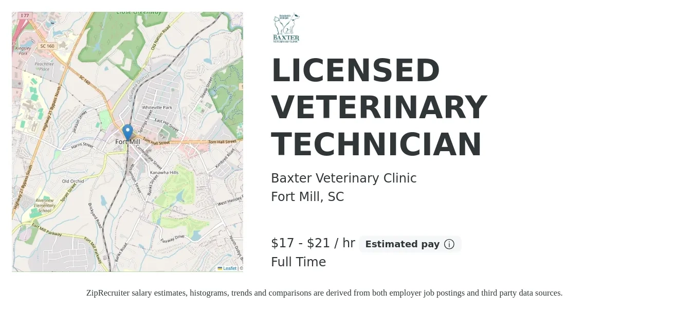 Baxter Veterinary Clinic job posting for a LICENSED VETERINARY TECHNICIAN in Fort Mill, SC with a salary of $18 to $22 Hourly with a map of Fort Mill location.