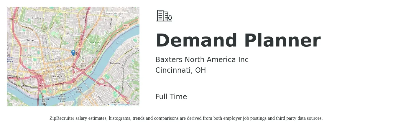 Baxters North America Inc job posting for a Demand Planner in Cincinnati, OH with a salary of $62,400 to $92,200 Yearly with a map of Cincinnati location.