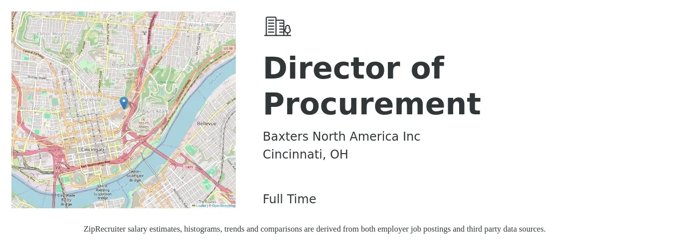 Baxters North America Inc job posting for a Director of Procurement in Cincinnati, OH with a salary of $98,400 to $156,500 Yearly with a map of Cincinnati location.
