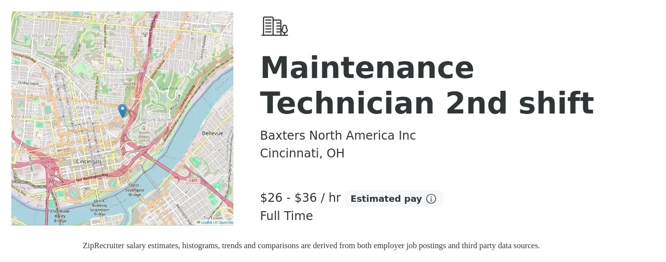 Baxters North America Inc job posting for a Maintenance Technician 2nd shift in Cincinnati, OH with a salary of $28 to $38 Hourly with a map of Cincinnati location.