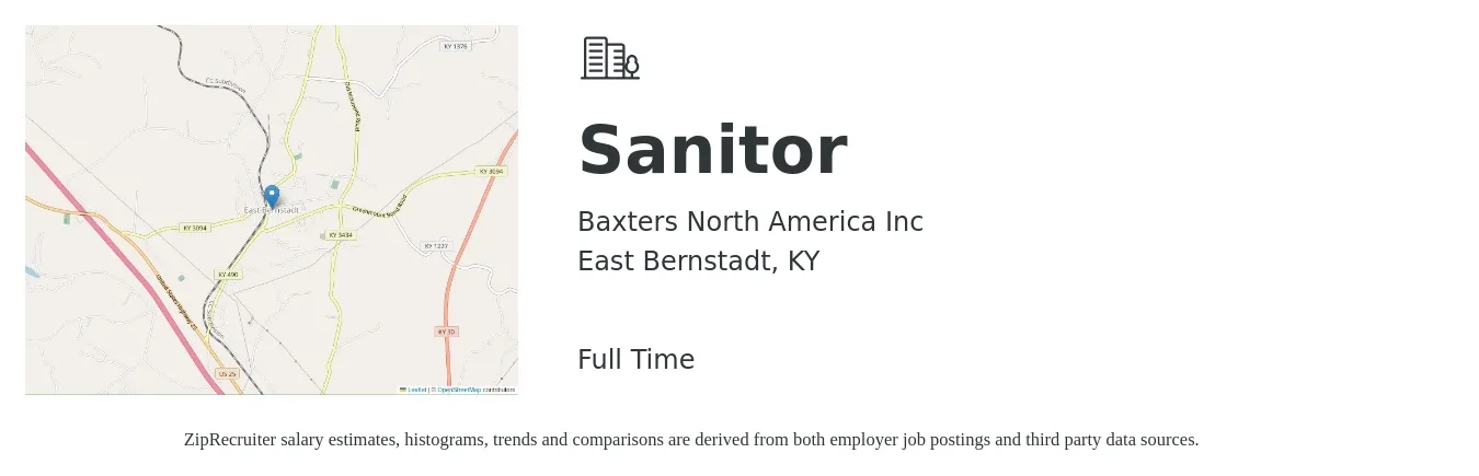 Baxters North America Inc job posting for a Sanitor in East Bernstadt, KY with a salary of $31,700 to $75,700 Yearly with a map of East Bernstadt location.