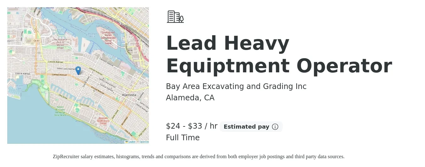 Bay Area Excavating and Grading Inc job posting for a Lead Heavy Equiptment Operator in Alameda, CA with a salary of $25 to $35 Hourly with a map of Alameda location.