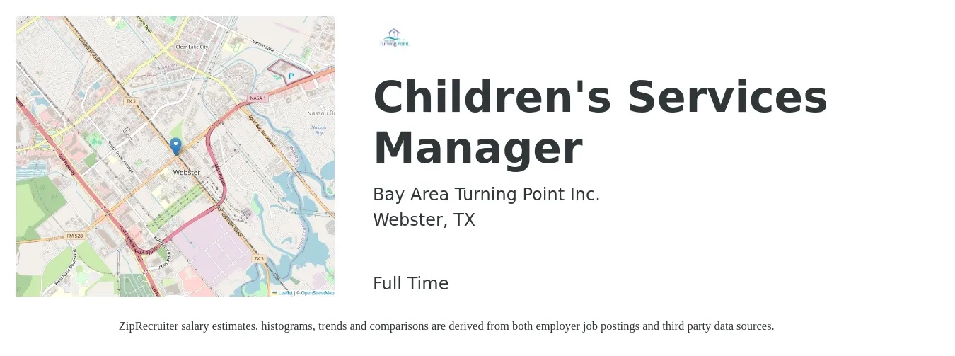 Bay Area Turning Point Inc. job posting for a Children's Services Manager in Webster, TX with a salary of $48,200 to $68,400 Yearly with a map of Webster location.