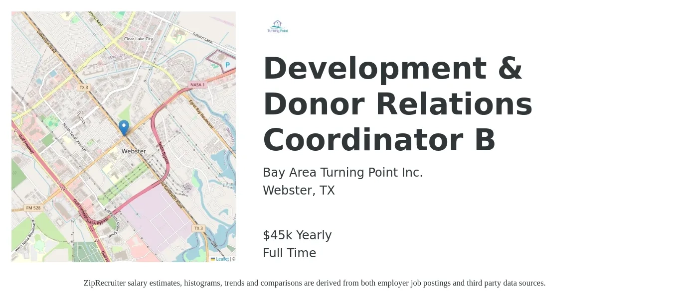 Bay Area Turning Point Inc. job posting for a Development & Donor Relations Coordinator B in Webster, TX with a salary of $45,000 Yearly with a map of Webster location.