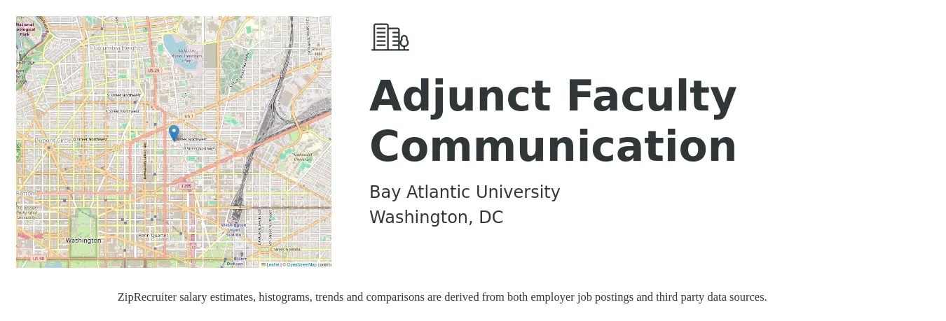 Bay Atlantic University job posting for a Adjunct Faculty Communication in Washington, DC with a salary of $1,250 Monthly with a map of Washington location.