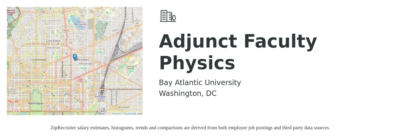Bay Atlantic University job posting for a Adjunct Faculty Physics in Washington, DC with a salary of $1,250 Monthly with a map of Washington location.