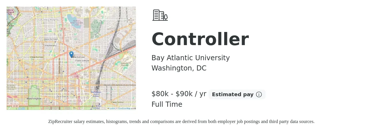 Bay Atlantic University job posting for a Controller in Washington, DC with a salary of $80,000 to $90,000 Yearly with a map of Washington location.