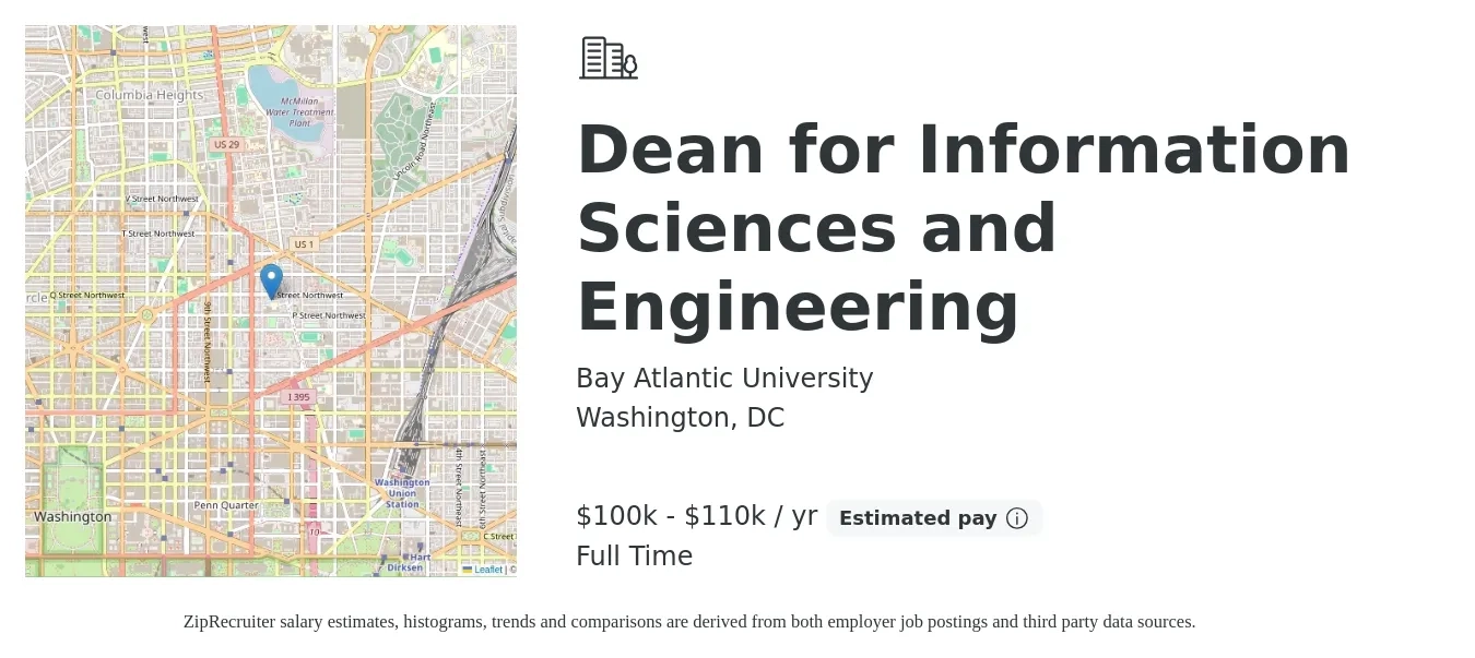 Bay Atlantic University job posting for a Dean for Information Sciences and Engineering in Washington, DC with a salary of $100,000 to $110,000 Yearly with a map of Washington location.