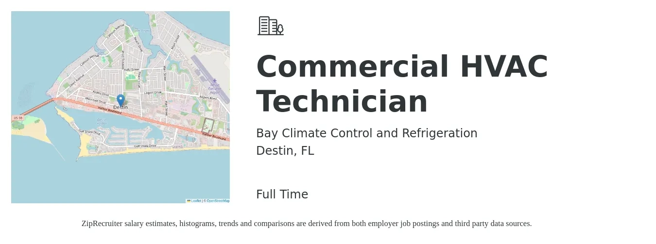 Bay Climate Control and Refrigeration job posting for a Commercial HVAC Technician in Destin, FL with a salary of $28 Hourly with a map of Destin location.
