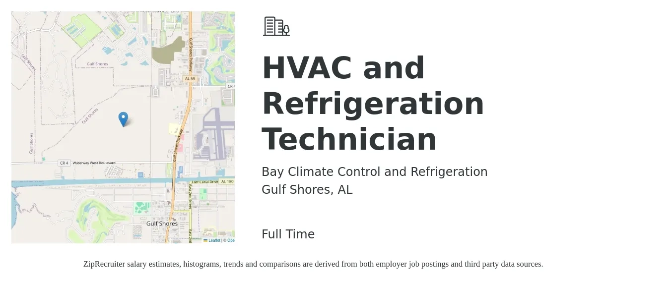 Bay Climate Control and Refrigeration job posting for a HVAC and Refrigeration Technician in Gulf Shores, AL with a salary of $30 Hourly with a map of Gulf Shores location.