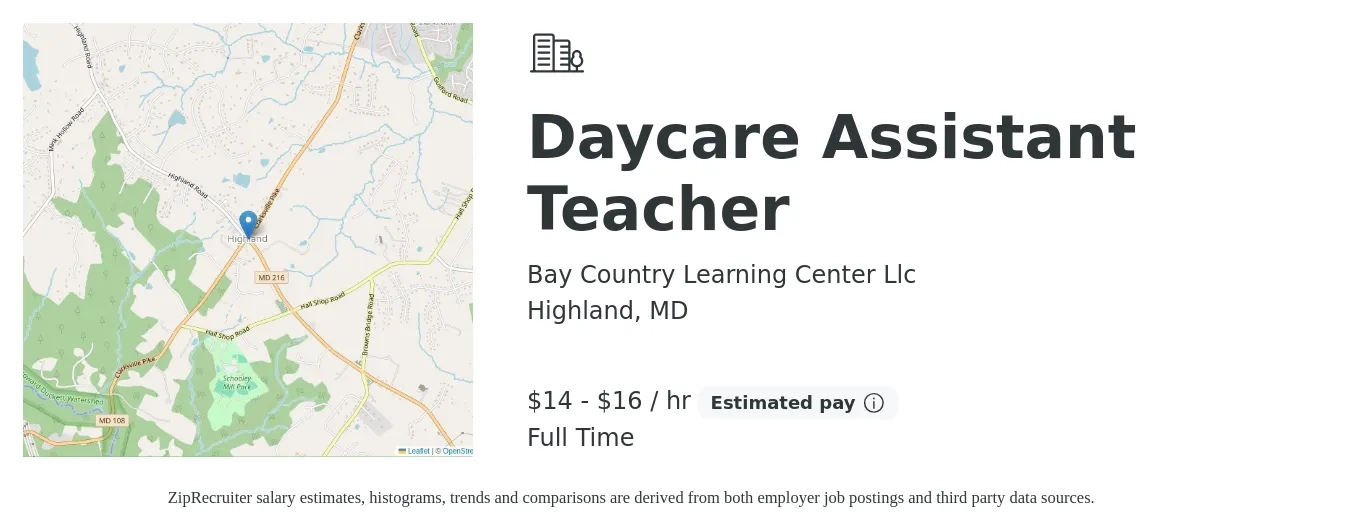 Bay Country Learning Center Llc job posting for a Daycare Assistant Teacher in Highland, MD with a salary of $15 to $17 Hourly with a map of Highland location.