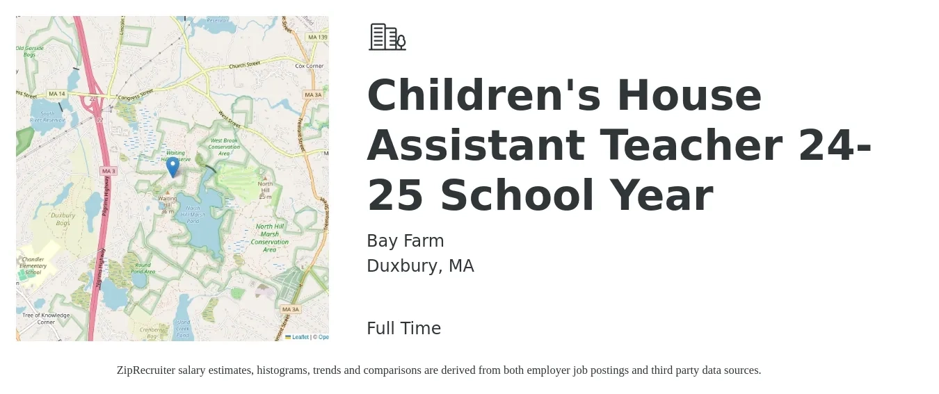 Bay Farm job posting for a Children's House Assistant Teacher 24-25 School Year in Duxbury, MA with a salary of $37,000 Yearly with a map of Duxbury location.