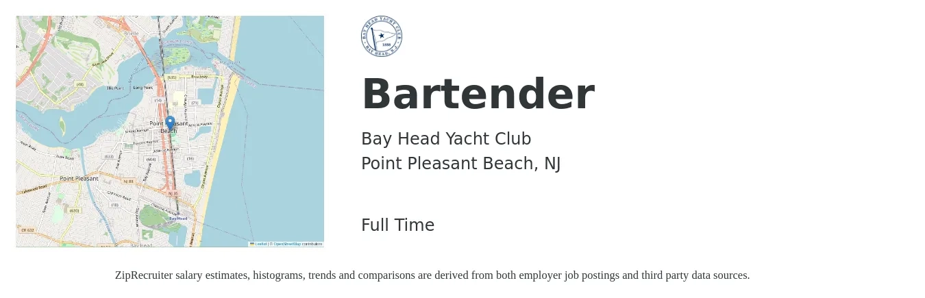 Bay Head Yacht Club job posting for a Bartender in Point Pleasant Beach, NJ with a salary of $10 to $19 Hourly with a map of Point Pleasant Beach location.