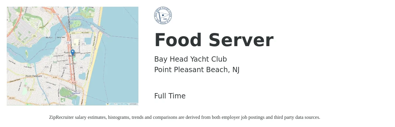 Bay Head Yacht Club job posting for a Food Server in Point Pleasant Beach, NJ with a salary of $13 to $18 Hourly with a map of Point Pleasant Beach location.