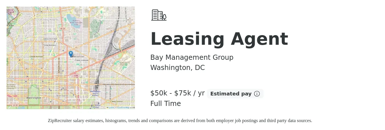 Bay Management Group job posting for a Leasing Agent in Washington, DC with a salary of $50,000 to $75,000 Yearly and benefits including pto with a map of Washington location.