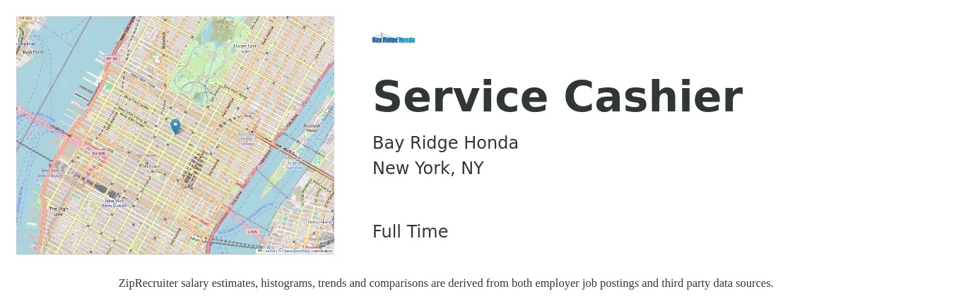 Bay Ridge Honda job posting for a Service Cashier in New York, NY with a salary of $13 to $17 Hourly with a map of New York location.