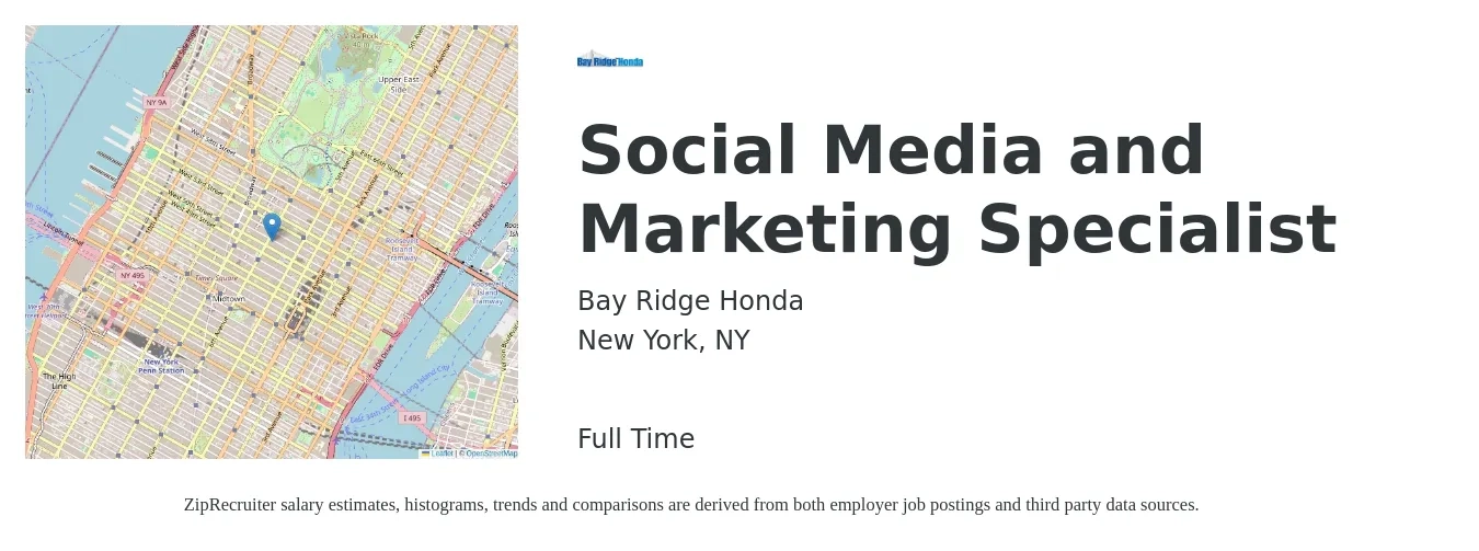 Bay Ridge Honda job posting for a Social Media and Marketing Specialist in New York, NY with a salary of $45,900 to $67,800 Yearly with a map of New York location.