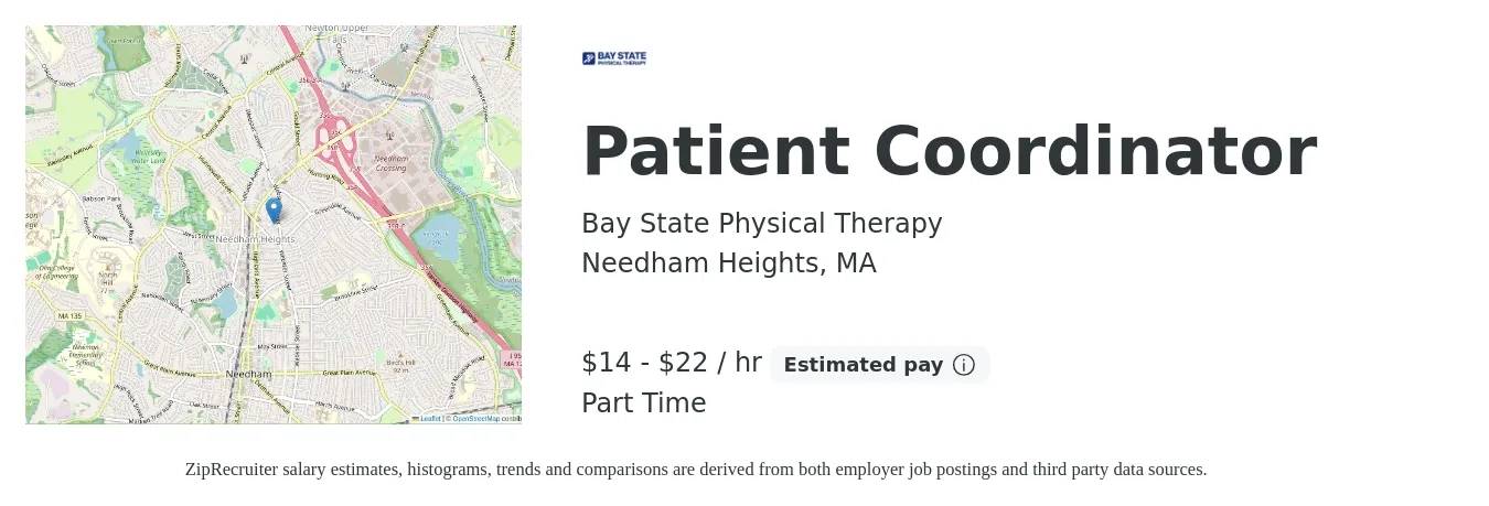 Bay State Physical Therapy job posting for a Patient Coordinator in Needham Heights, MA with a salary of $15 to $23 Hourly with a map of Needham Heights location.