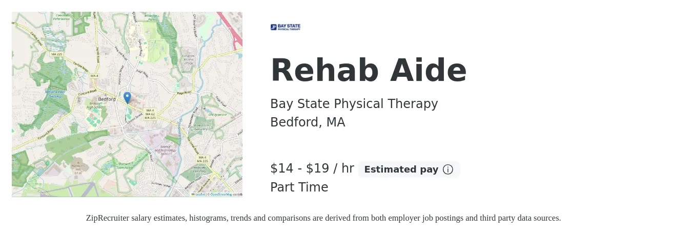 Bay State Physical Therapy job posting for a Rehab Aide in Bedford, MA with a salary of $15 to $20 Hourly with a map of Bedford location.