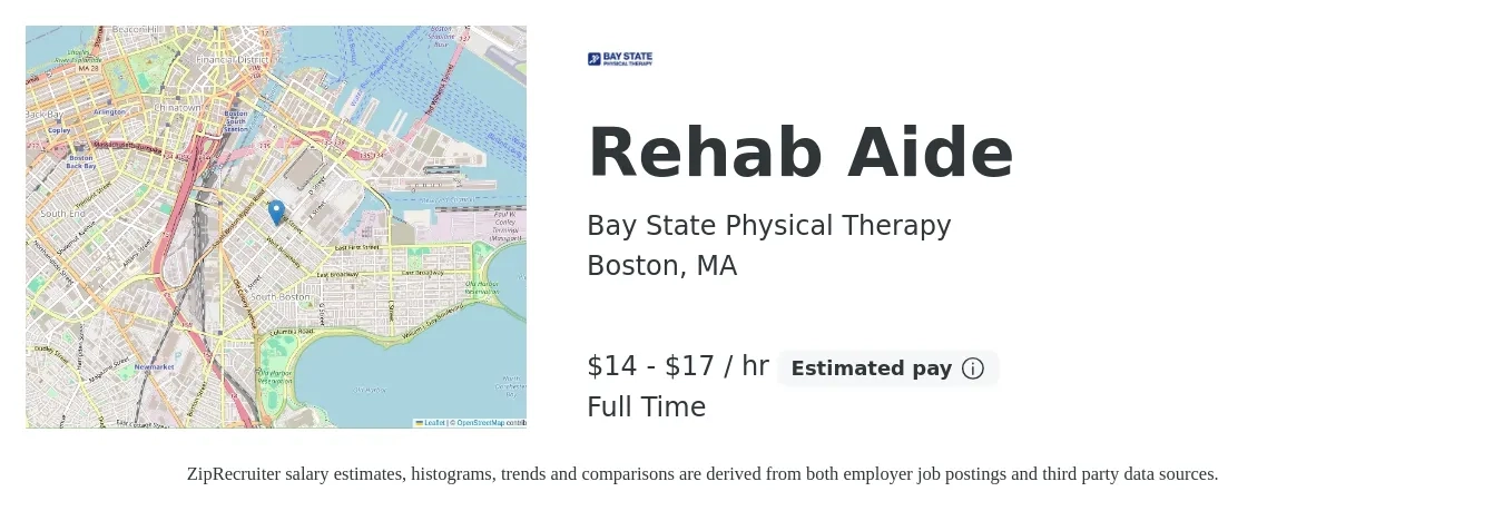 Bay State Physical Therapy job posting for a Rehab Aide in Boston, MA with a salary of $15 to $18 Hourly with a map of Boston location.