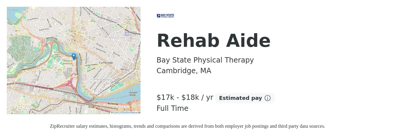 Bay State Physical Therapy job posting for a Rehab Aide in Cambridge, MA with a salary of $17,500 to $18,500 Yearly with a map of Cambridge location.
