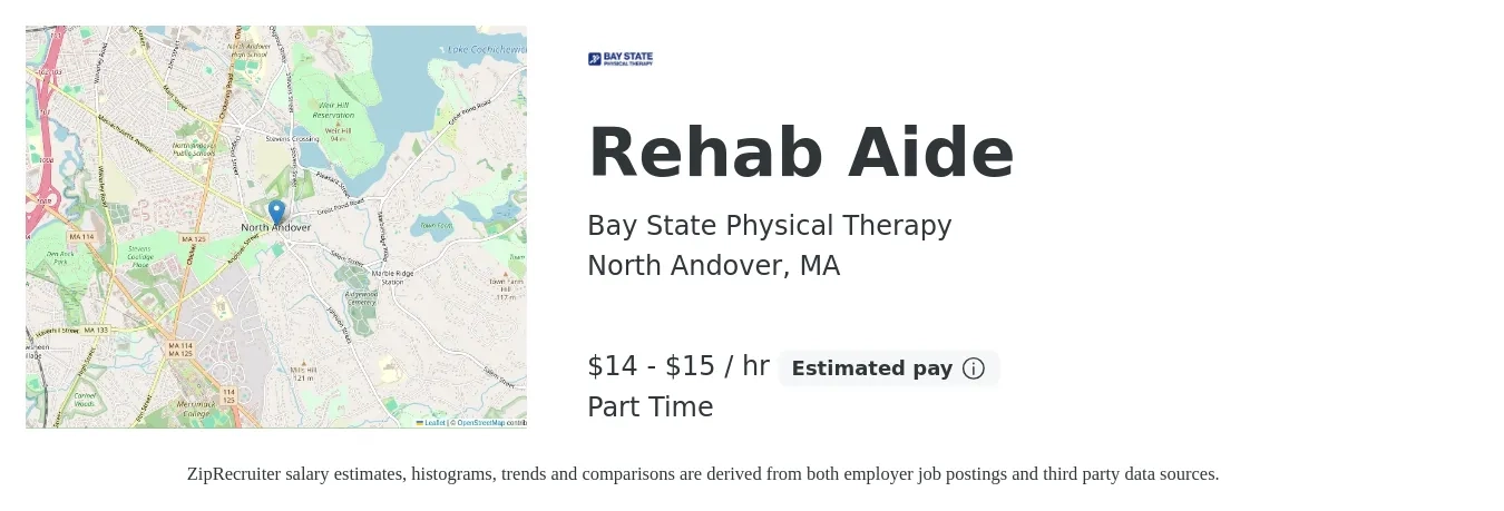Bay State Physical Therapy job posting for a Rehab Aide in North Andover, MA with a salary of $15 to $16 Hourly with a map of North Andover location.