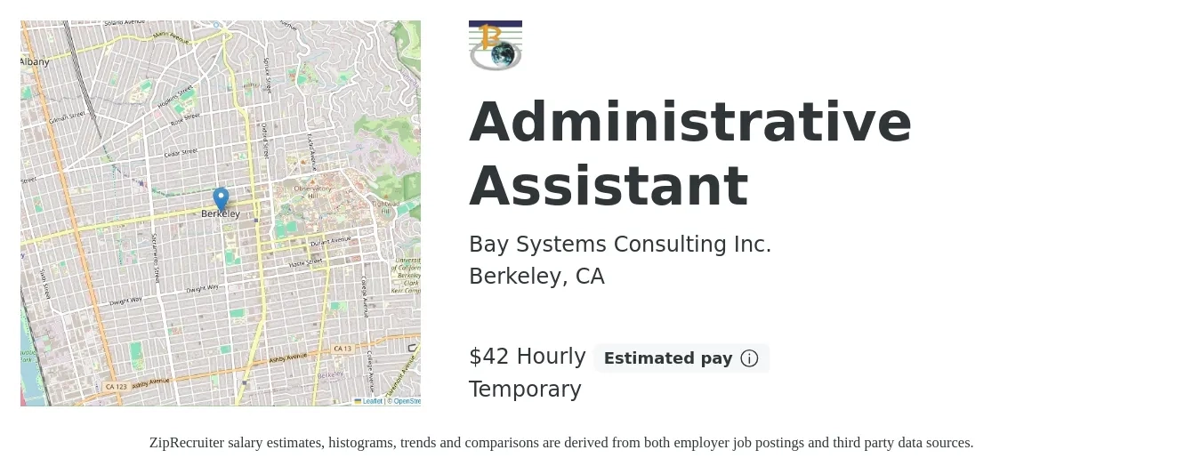 Bay Systems Consulting Inc. job posting for a Administrative Assistant in Berkeley, CA with a salary of $39 Yearly with a map of Berkeley location.