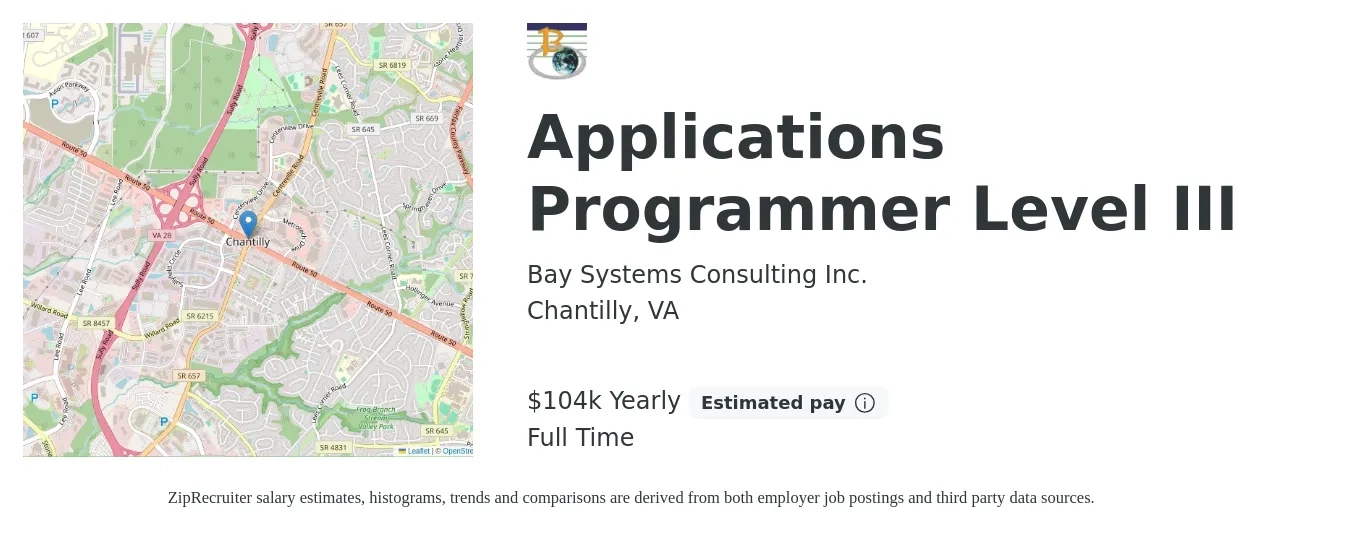 Bay Systems Consulting Inc. job posting for a Applications Programmer Level III in Chantilly, VA with a salary of $104,350 Yearly with a map of Chantilly location.