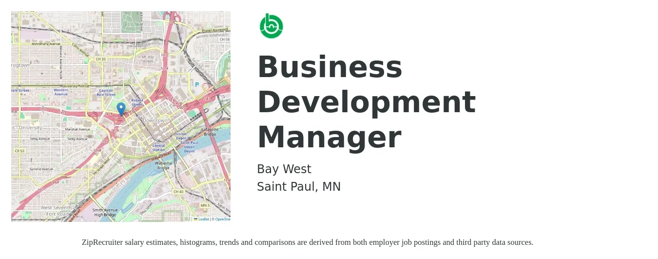 Bay West job posting for a Business Development Manager in Saint Paul, MN with a salary of $61,400 to $100,600 Yearly with a map of Saint Paul location.