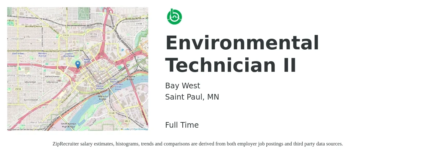 Bay West job posting for a Environmental Technician II in Saint Paul, MN with a salary of $18 to $26 Hourly with a map of Saint Paul location.