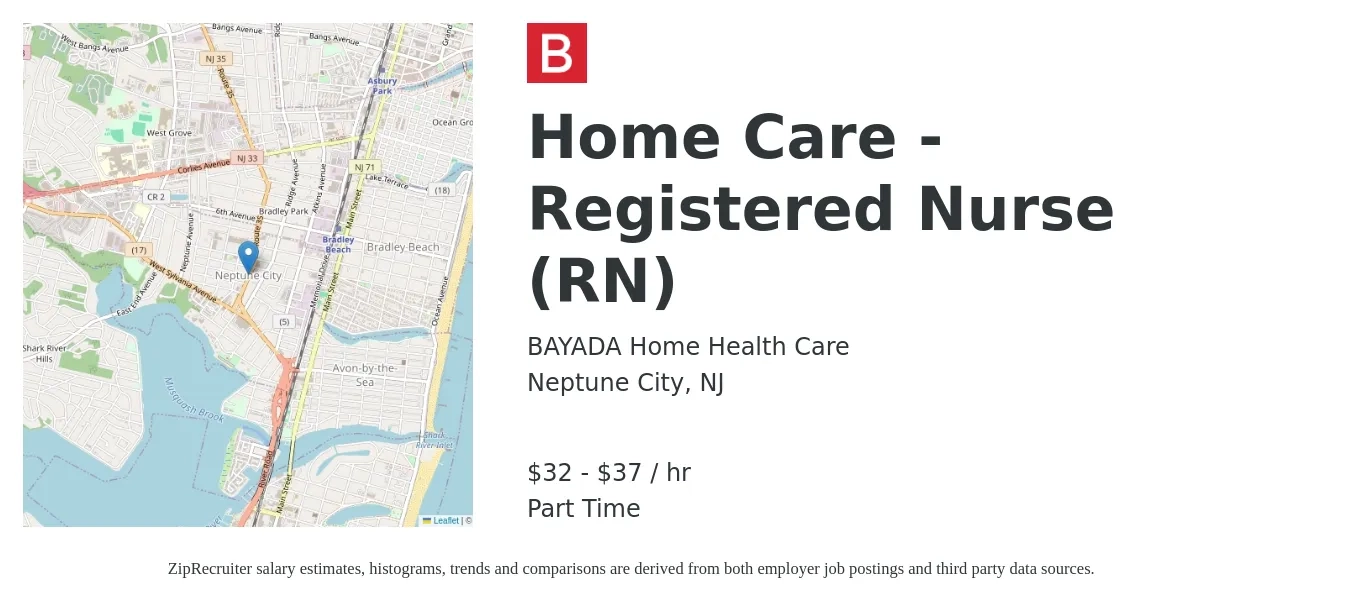 BAYADA Home Health Care job posting for a Home Care - Registered Nurse (RN) in Neptune City, NJ with a salary of $34 to $39 Hourly with a map of Neptune City location.