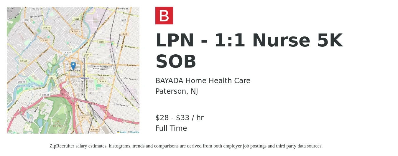 BAYADA Home Health Care job posting for a LPN - 1:1 Nurse 5K SOB in Paterson, NJ with a salary of $30 to $35 Hourly with a map of Paterson location.