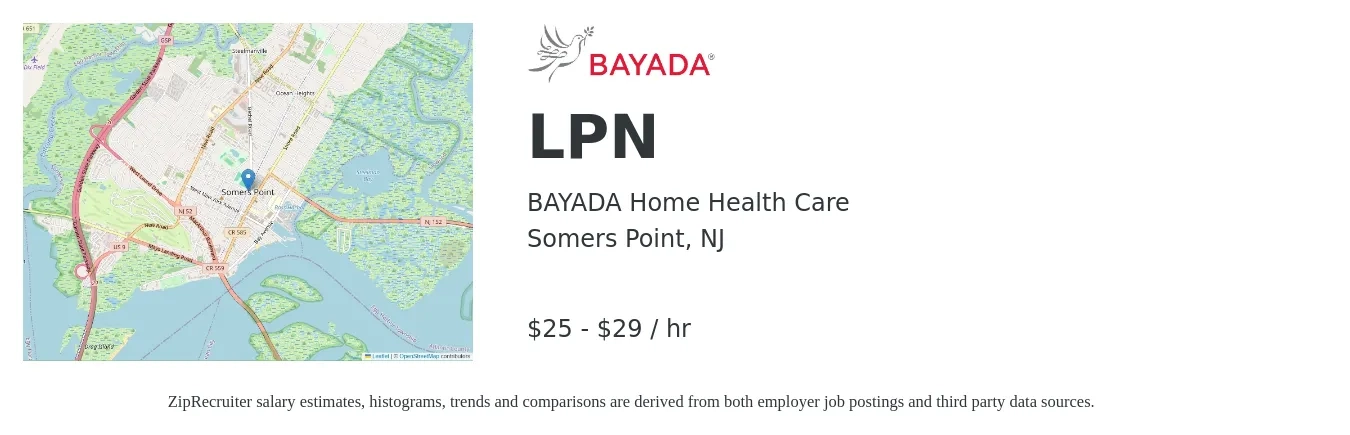 BAYADA Home Health Care job posting for a LPN in Somers Point, NJ with a salary of $27 to $31 Hourly with a map of Somers Point location.