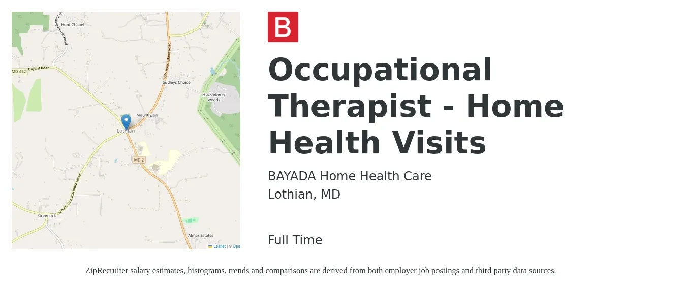 BAYADA Home Health Care job posting for a Occupational Therapist - Home Health Visits in Lothian, MD with a salary of $42 to $55 Hourly with a map of Lothian location.