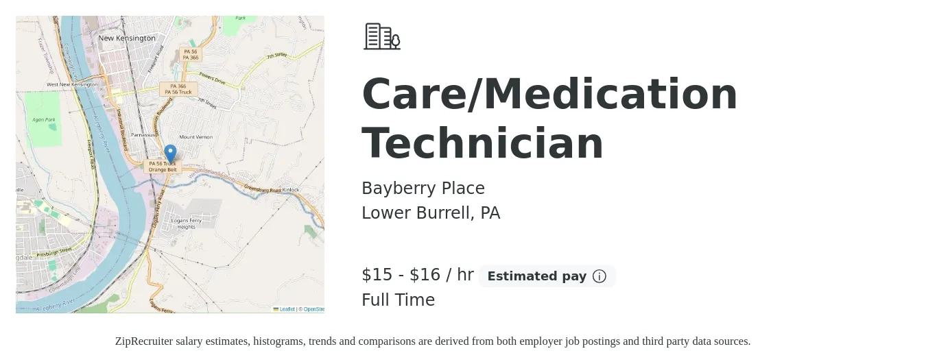 Bayberry Place job posting for a Care/Medication Technician in Lower Burrell, PA with a salary of $16 to $18 Hourly with a map of Lower Burrell location.