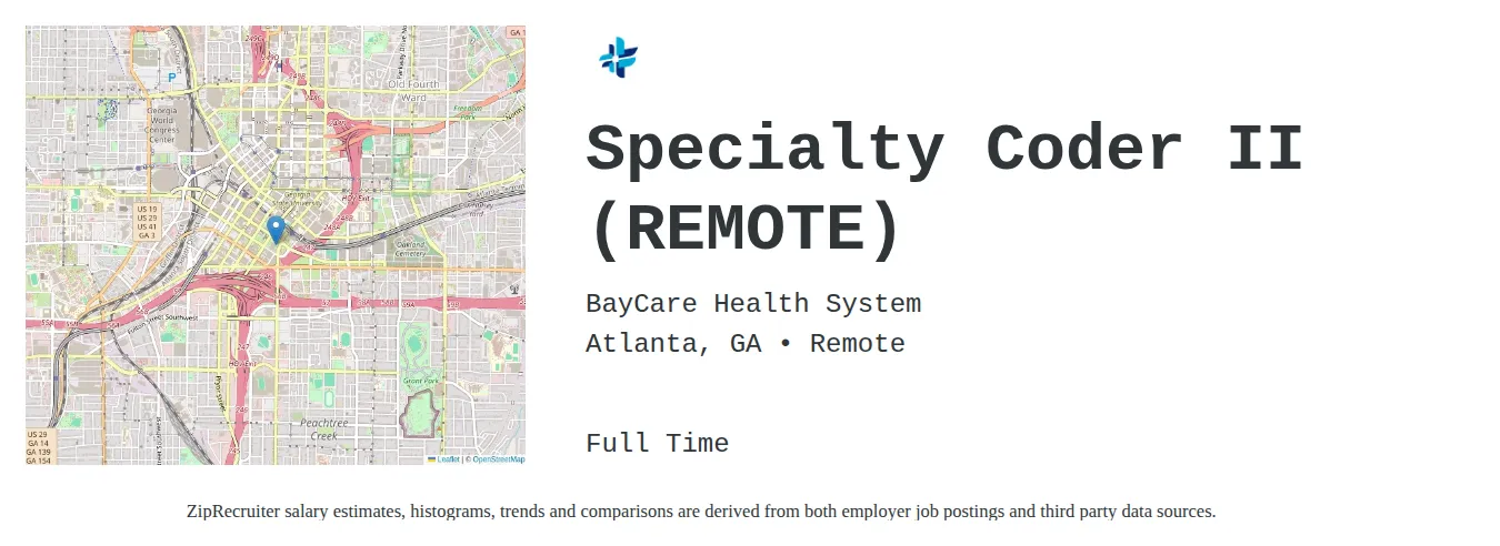 BayCare Health System job posting for a Specialty Coder II (REMOTE) in Atlanta, GA with a salary of $18 to $24 Hourly and benefits including Medical, Vision, Dental, PTO, and Retirement with a map of Atlanta location.