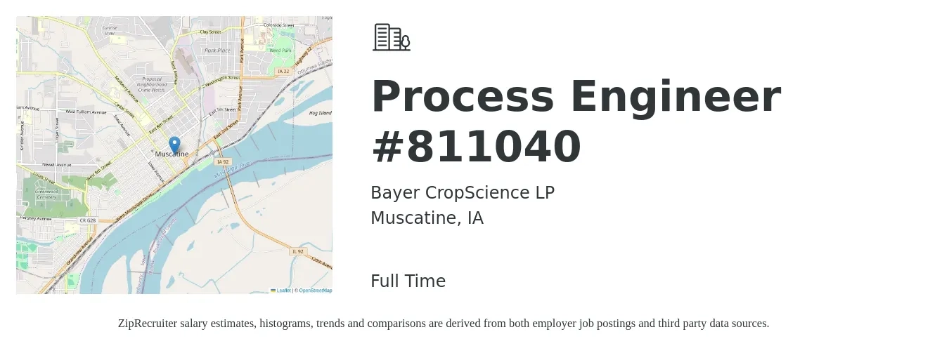 Bayer CropScience LP job posting for a Process Engineer #811040 in Muscatine, IA with a salary of $69,900 to $96,700 Yearly with a map of Muscatine location.