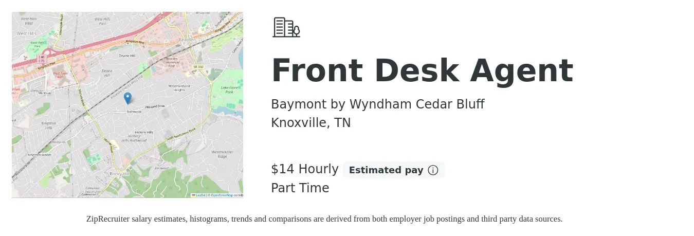 Baymont by Wyndham Cedar Bluff job posting for a Front Desk Agent in Knoxville, TN with a salary of $15 Hourly with a map of Knoxville location.