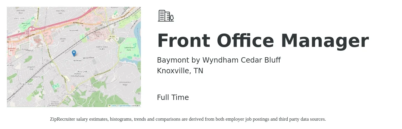 Baymont by Wyndham Cedar Bluff job posting for a Front Office Manager in Knoxville, TN with a salary of $18 to $28 Hourly with a map of Knoxville location.