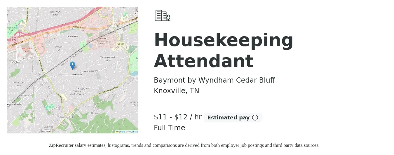 Baymont by Wyndham Cedar Bluff job posting for a Housekeeping Attendant in Knoxville, TN with a salary of $12 to $13 Hourly with a map of Knoxville location.