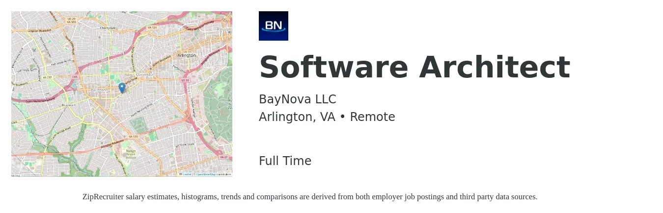 BayNova LLC job posting for a Software Architect in Arlington, VA with a salary of $161,700 to $234,300 Yearly with a map of Arlington location.