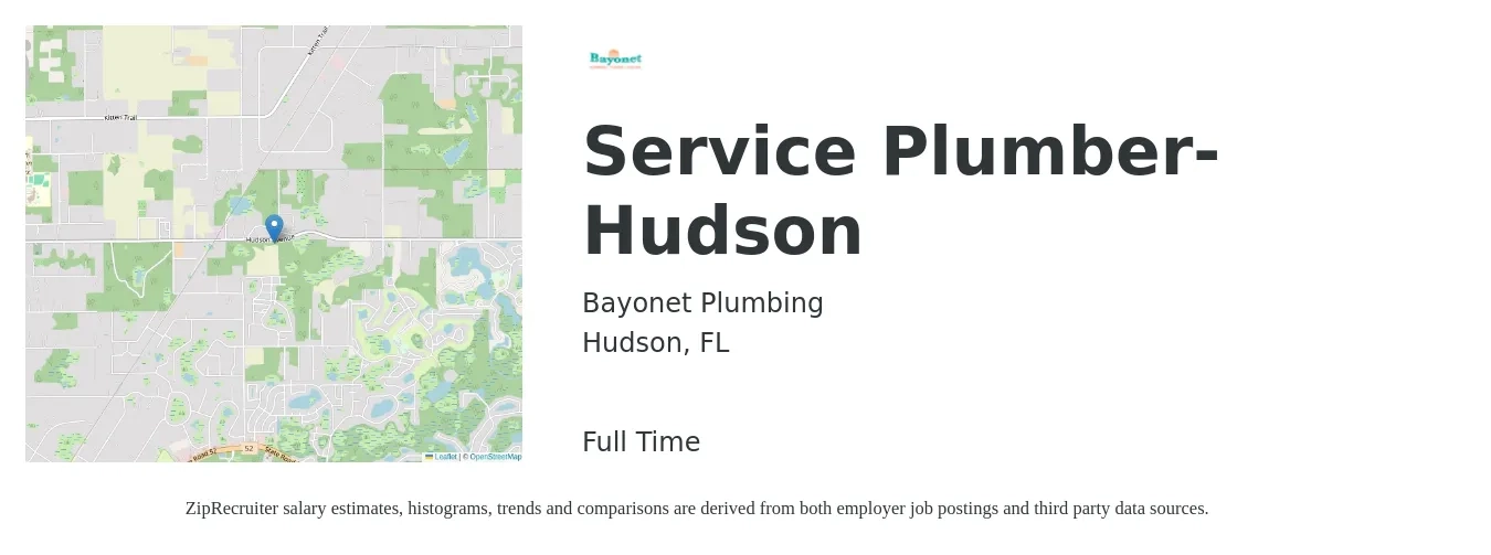Bayonet Plumbing job posting for a Service Plumber- Hudson in Hudson, FL with a salary of $20 to $29 Hourly with a map of Hudson location.