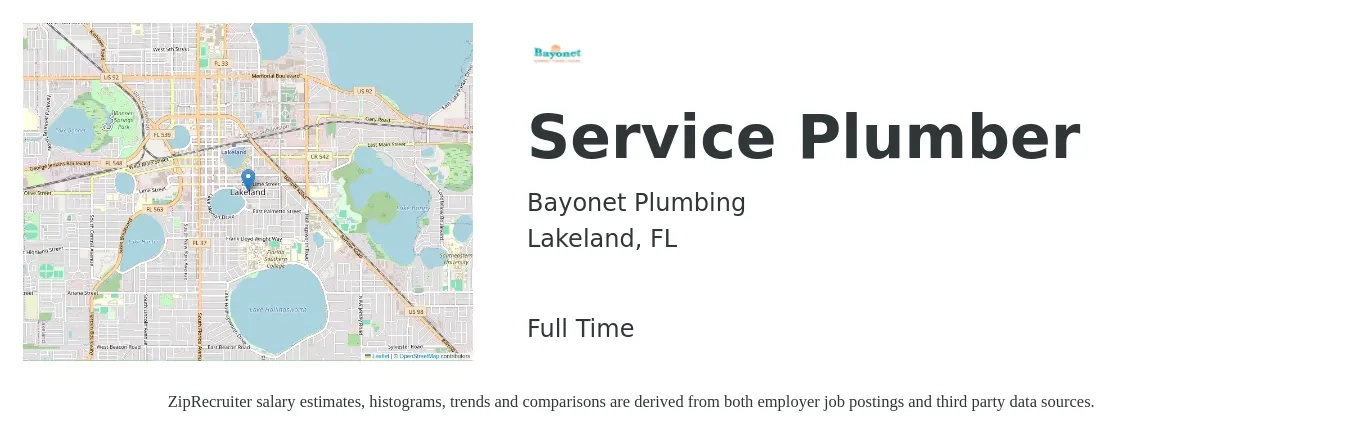 Bayonet Plumbing job posting for a Service Plumber in Lakeland, FL with a salary of $24 to $34 Hourly with a map of Lakeland location.