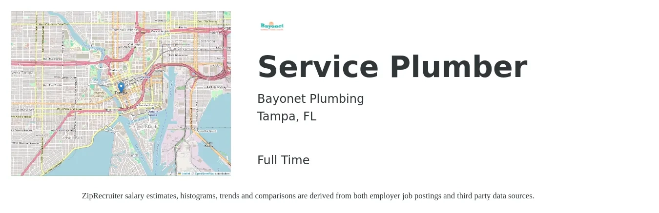 Bayonet Plumbing job posting for a Service Plumber in Tampa, FL with a salary of $24 to $35 Hourly with a map of Tampa location.