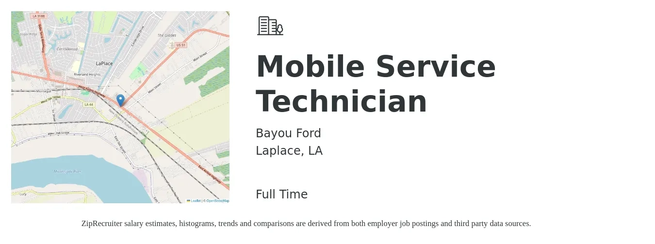 Bayou Ford job posting for a Mobile Service Technician in Laplace, LA with a salary of $17 to $28 Hourly with a map of Laplace location.