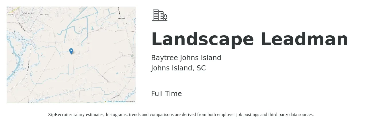Baytree Johns Island job posting for a Landscape Leadman in Johns Island, SC with a salary of $19 to $27 Hourly with a map of Johns Island location.