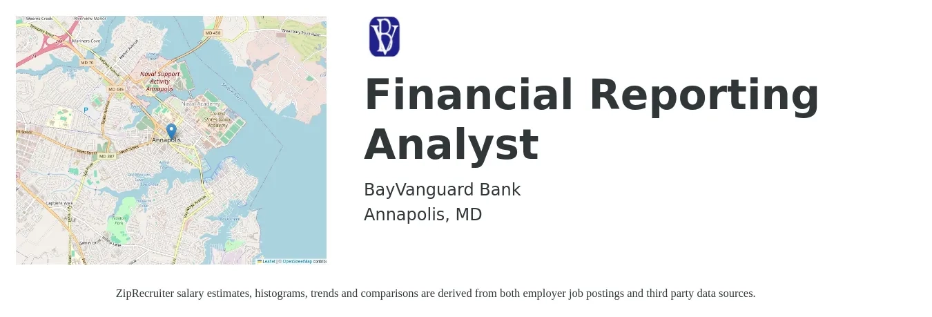 BayVanguard Bank job posting for a Financial Reporting Analyst in Annapolis, MD with a salary of $76,200 to $100,000 Yearly with a map of Annapolis location.