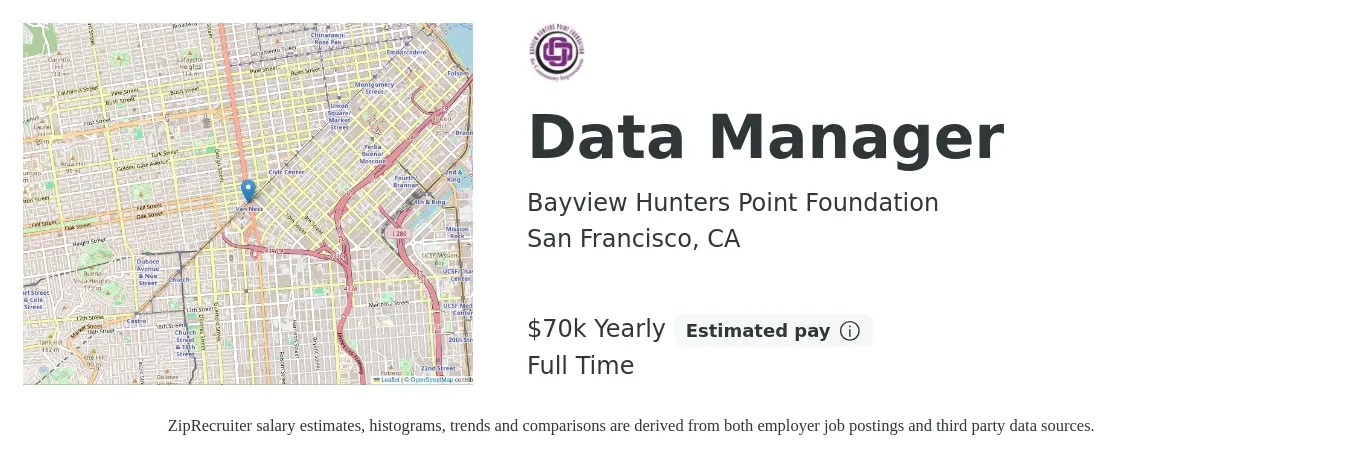 Bayview Hunters Point Foundation job posting for a Data Manager in San Francisco, CA with a salary of $70,000 Yearly with a map of San Francisco location.