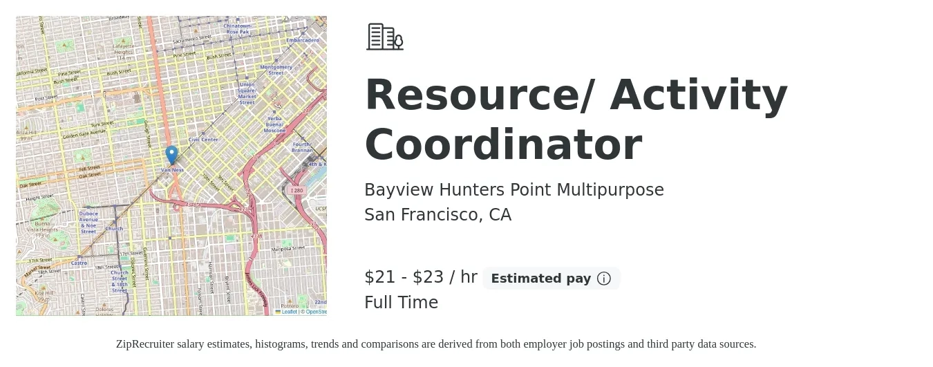 Bayview Hunters Point Multipurpose job posting for a Resource/ Activity Coordinator in San Francisco, CA with a salary of $22 to $24 Hourly with a map of San Francisco location.