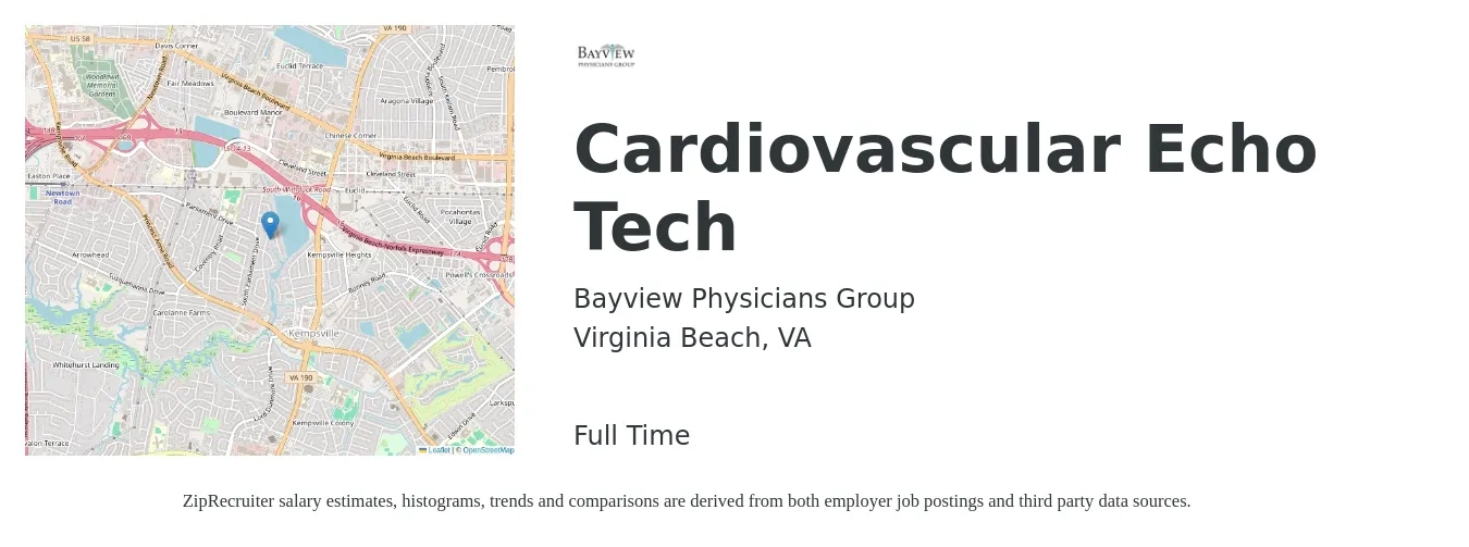 Bayview Physicians Group job posting for a Cardiovascular Echo Tech in Virginia Beach, VA with a salary of $1,650 to $2,610 Weekly with a map of Virginia Beach location.
